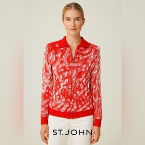 St. John Red White Knit Zip Jacket  Leopard Abstract Pattern – Gold Hardware S